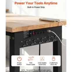 VEVOR Adjustable Workbench, 5000 lbs Capacity, 72 x 24 Inch Oak Wood Top Workstation with 4 AC Outlets & 2 USB Ports, Heavy-Duty Hardwood Worktable for Garage, Workshop, Home, Office, Commercial