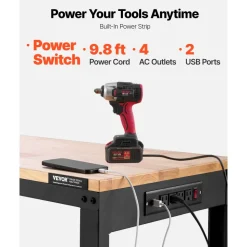 VEVOR Adjustable Workbench, 5000 lbs Capacity, 96 x 24 Inch Oak Wood Top Workstation with 4 AC Outlets & 2 USB Ports, Heavy-Duty Hardwood Worktable for Garage, Workshop, Home, Office, Commercial