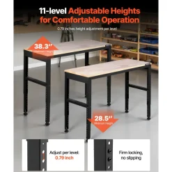 VEVOR Adjustable Workbench, 5000 lbs Capacity, 96 x 24 Inch Oak Wood Top Workstation with 4 AC Outlets & 2 USB Ports, Heavy-Duty Hardwood Worktable for Garage, Workshop, Home, Office, Commercial