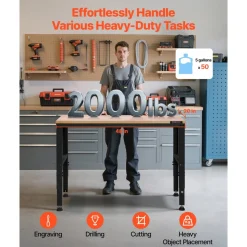 VEVOR Adjustable Workbench, 5000 lbs Capacity, 96 x 24 Inch Oak Wood Top Workstation with 4 AC Outlets & 2 USB Ports, Heavy-Duty Hardwood Worktable for Garage, Workshop, Home, Office, Commercial