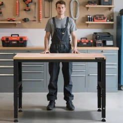 VEVOR Adjustable Workbench, 5000 lbs Capacity, 96 x 24 Inch Oak Wood Top Workstation with 4 AC Outlets & 2 USB Ports, Heavy-Duty Hardwood Worktable for Garage, Workshop, Home, Office, Commercial