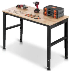 VEVOR Adjustable Workbench, 5000 lbs Capacity, 96 x 24 Inch Oak Wood Top Workstation with 4 AC Outlets & 2 USB Ports, Heavy-Duty Hardwood Worktable for Garage, Workshop, Home, Office, Commercial