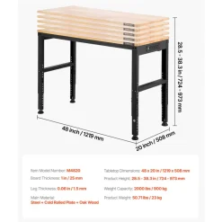 VEVOR Adjustable Workbench, 5000 lbs Capacity, 96 x 24 Inch Oak Wood Top Workstation with 4 AC Outlets & 2 USB Ports, Heavy-Duty Hardwood Worktable for Garage, Workshop, Home, Office, Commercial