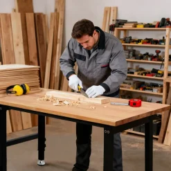 VEVOR Adjustable Workbench, 1500 lbs Capacity, 48 x 24 Inch Oak Wood Top Workbench with 26.3-40.2 Inch Height Adjustment, Heavy-Duty Hardwood Worktable for Garage, Workshop, Home, Office, Commercial