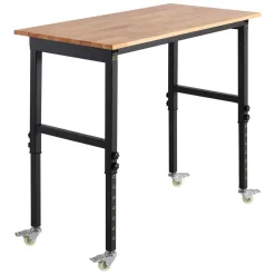 VEVOR Adjustable Workbench on Wheels, 1500 lbs Capacity, 48 x 24 Inch Oak Wood Top Workbench with 28.5-42.3 Inch Height Adjustment, Heavy-Duty Hardwood Worktable for Garage, Workshop, Home, Office