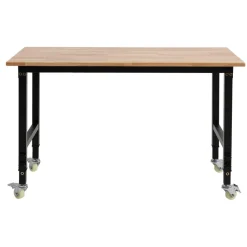 VEVOR Adjustable Workbench on Wheels, 1500 lbs Capacity, 48 x 24 Inch Oak Wood Top Workbench with 28.5-42.3 Inch Height Adjustment, Heavy-Duty Hardwood Worktable for Garage, Workshop, Home, Office