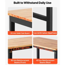 VEVOR Adjustable Workbench on Wheels, 1500 lbs Capacity, 48 x 24 Inch Oak Wood Top Workbench with 28.5-42.3 Inch Height Adjustment, Heavy-Duty Hardwood Worktable for Garage, Workshop, Home, Office