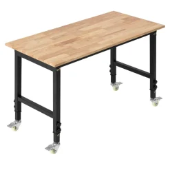 VEVOR Adjustable Workbench on Wheels, 1500 lbs Capacity, 48 x 24 Inch Oak Wood Top Workbench with 28.5-42.3 Inch Height Adjustment, Heavy-Duty Hardwood Worktable for Garage, Workshop, Home, Office