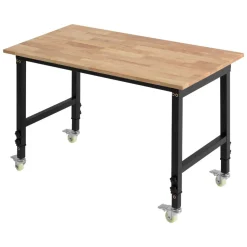 VEVOR Adjustable Workbench on Wheels, 1500 lbs Capacity, 48 x 24 Inch Oak Wood Top Workbench with 28.5-42.3 Inch Height Adjustment, Heavy-Duty Hardwood Worktable for Garage, Workshop, Home, Office