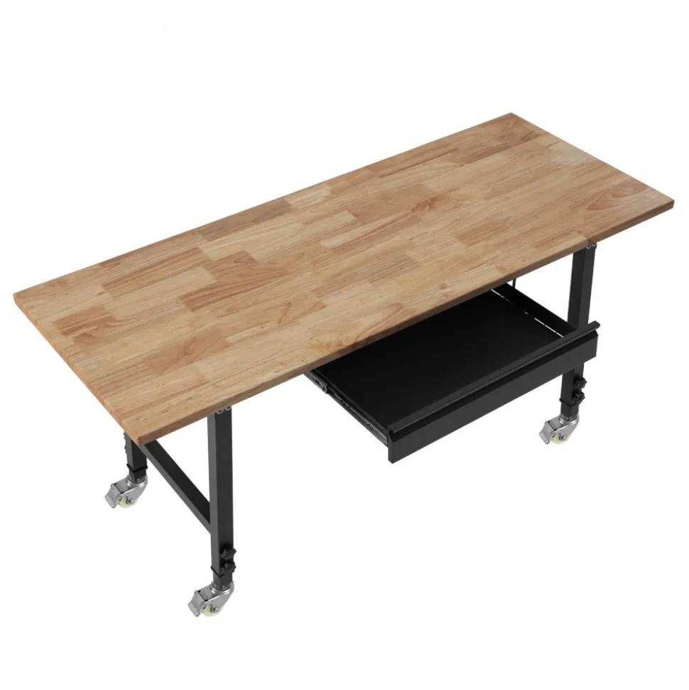 VEVOR Adjustable Workbench on Wheels, 2000 lbs Capacity, 60 x 24 Inch Oak Wood Top Workbench with Drawer & Power Outlets, Heavy-Duty Hardwood Worktable for Garage, Workshop, Home, Office, Commercial