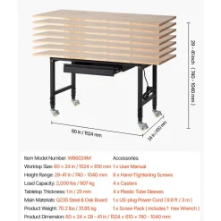 VEVOR Adjustable Workbench on Wheels, 2000 lbs Capacity, 60 x 24 Inch Oak Wood Top Workbench with Drawer & Power Outlets, Heavy-Duty Hardwood Worktable for Garage, Workshop, Home, Office, Commercial