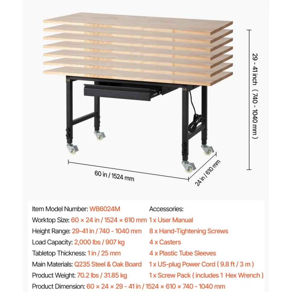 VEVOR Adjustable Workbench on Wheels, 2000 lbs Capacity, 60 x 24 Inch Oak Wood Top Workbench with Drawer & Power Outlets, Heavy-Duty Hardwood Worktable for Garage, Workshop, Home, Office, Commercial