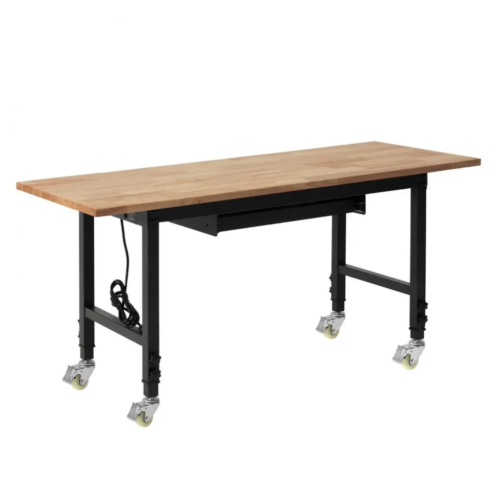 VEVOR Adjustable Workbench on Wheels, 2000 lbs Capacity, 60 x 24 Inch Oak Wood Top Workbench with Drawer & Power Outlets, Heavy-Duty Hardwood Worktable for Garage, Workshop, Home, Office, Commercial