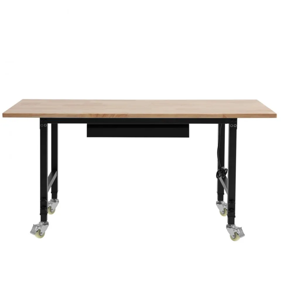 VEVOR Adjustable Workbench on Wheels, 2000 lbs Capacity, 60 x 24 Inch Oak Wood Top Workbench with Drawer & Power Outlets, Heavy-Duty Hardwood Worktable for Garage, Workshop, Home, Office, Commercial