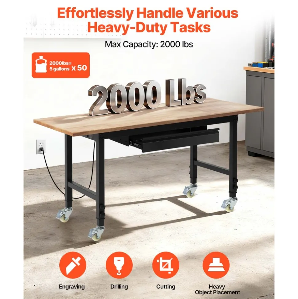 VEVOR Adjustable Workbench on Wheels, 2000 lbs Capacity, 60 x 24 Inch Oak Wood Top Workbench with Drawer & Power Outlets, Heavy-Duty Hardwood Worktable for Garage, Workshop, Home, Office, Commercial