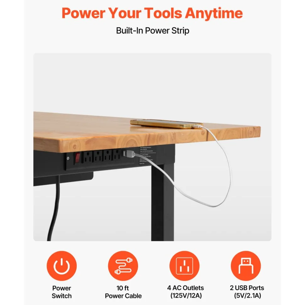 VEVOR Adjustable Workbench on Wheels, 2000 lbs Capacity, 60 x 24 Inch Oak Wood Top Workbench with Drawer & Power Outlets, Heavy-Duty Hardwood Worktable for Garage, Workshop, Home, Office, Commercial