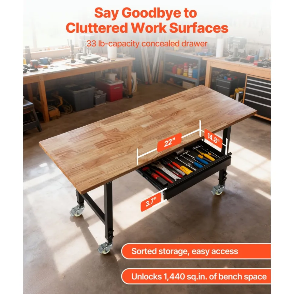 VEVOR Adjustable Workbench on Wheels, 2000 lbs Capacity, 60 x 24 Inch Oak Wood Top Workbench with Drawer & Power Outlets, Heavy-Duty Hardwood Worktable for Garage, Workshop, Home, Office, Commercial
