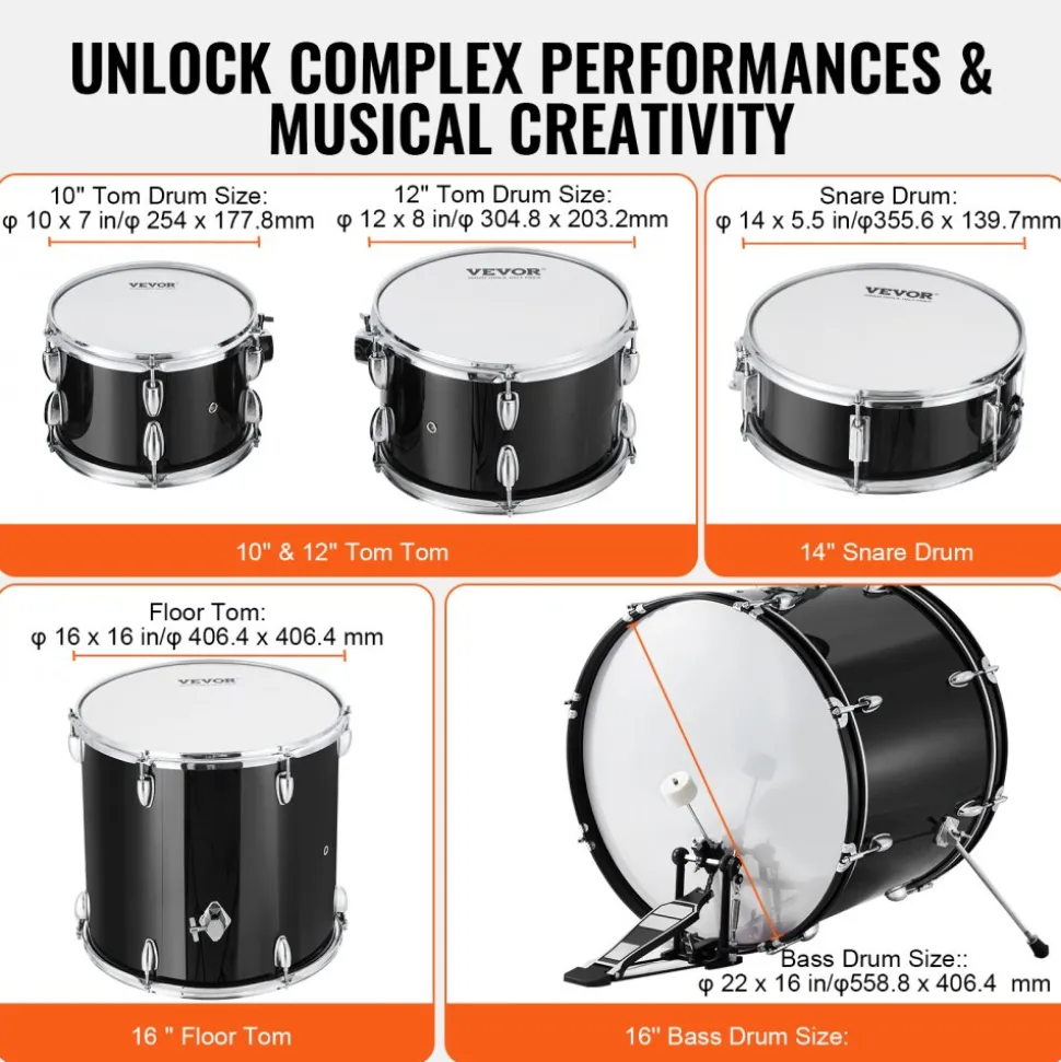 VEVOR Adult Drum Set, 5-Piece, 22 inches Complete Full Size Drum Kit with Bass Toms Snare Floor Drum Adjustable Throne Stands Cymbal Hi-Hat Pedal and Drumsticks, Beginner Drum Kit for Adults, Black