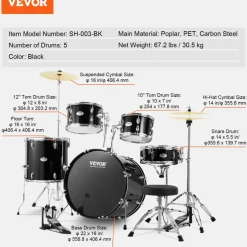 VEVOR Adult Drum Set, 5-Piece, 22 inches Complete Full Size Drum Kit with Bass Toms Snare Floor Drum Adjustable Throne Stands Cymbal Hi-Hat Pedal and Drumsticks, Beginner Drum Kit for Adults, Black