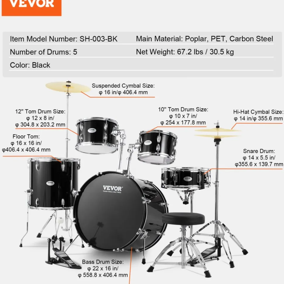 VEVOR Adult Drum Set, 5-Piece, 22 inches Complete Full Size Drum Kit with Bass Toms Snare Floor Drum Adjustable Throne Stands Cymbal Hi-Hat Pedal and Drumsticks, Beginner Drum Kit for Adults, Black