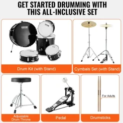 VEVOR Adult Drum Set, 5-Piece, 22 inches Complete Full Size Drum Kit with Bass Toms Snare Floor Drum Adjustable Throne Stands Cymbal Hi-Hat Pedal and Drumsticks, Beginner Drum Kit for Adults, Black
