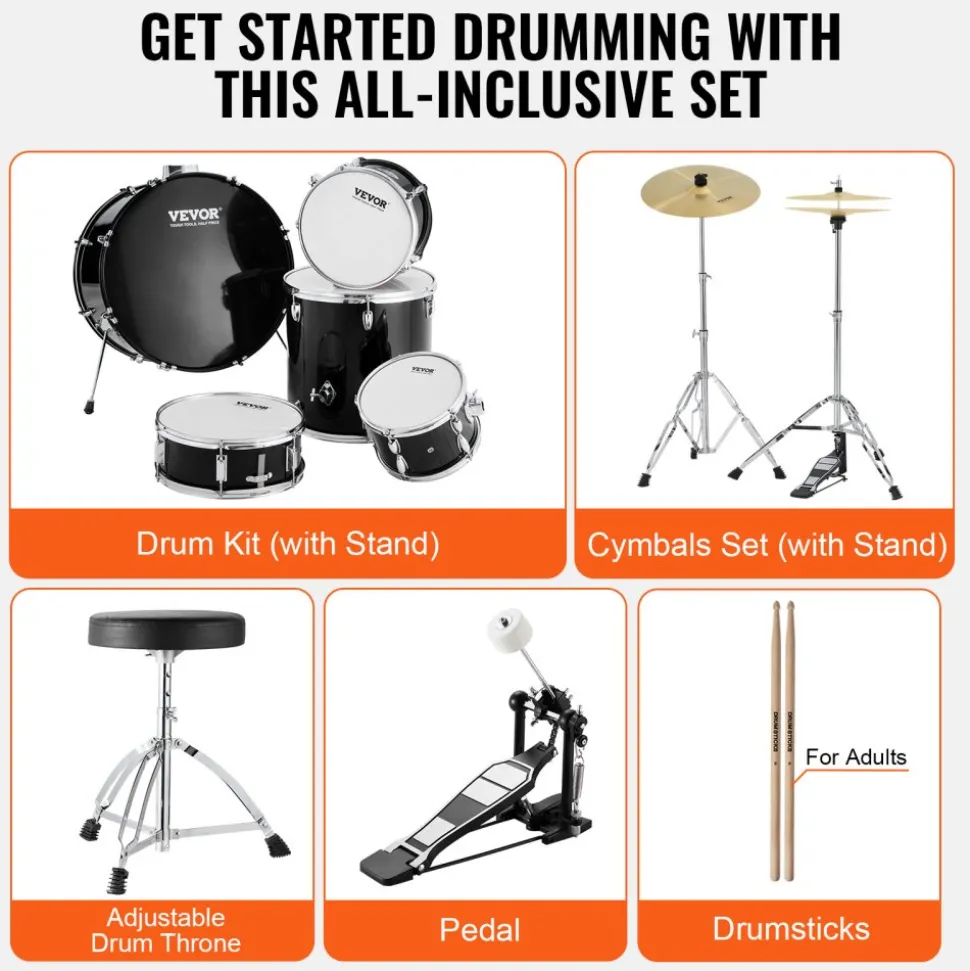 VEVOR Adult Drum Set, 5-Piece, 22 inches Complete Full Size Drum Kit with Bass Toms Snare Floor Drum Adjustable Throne Stands Cymbal Hi-Hat Pedal and Drumsticks, Beginner Drum Kit for Adults, Black