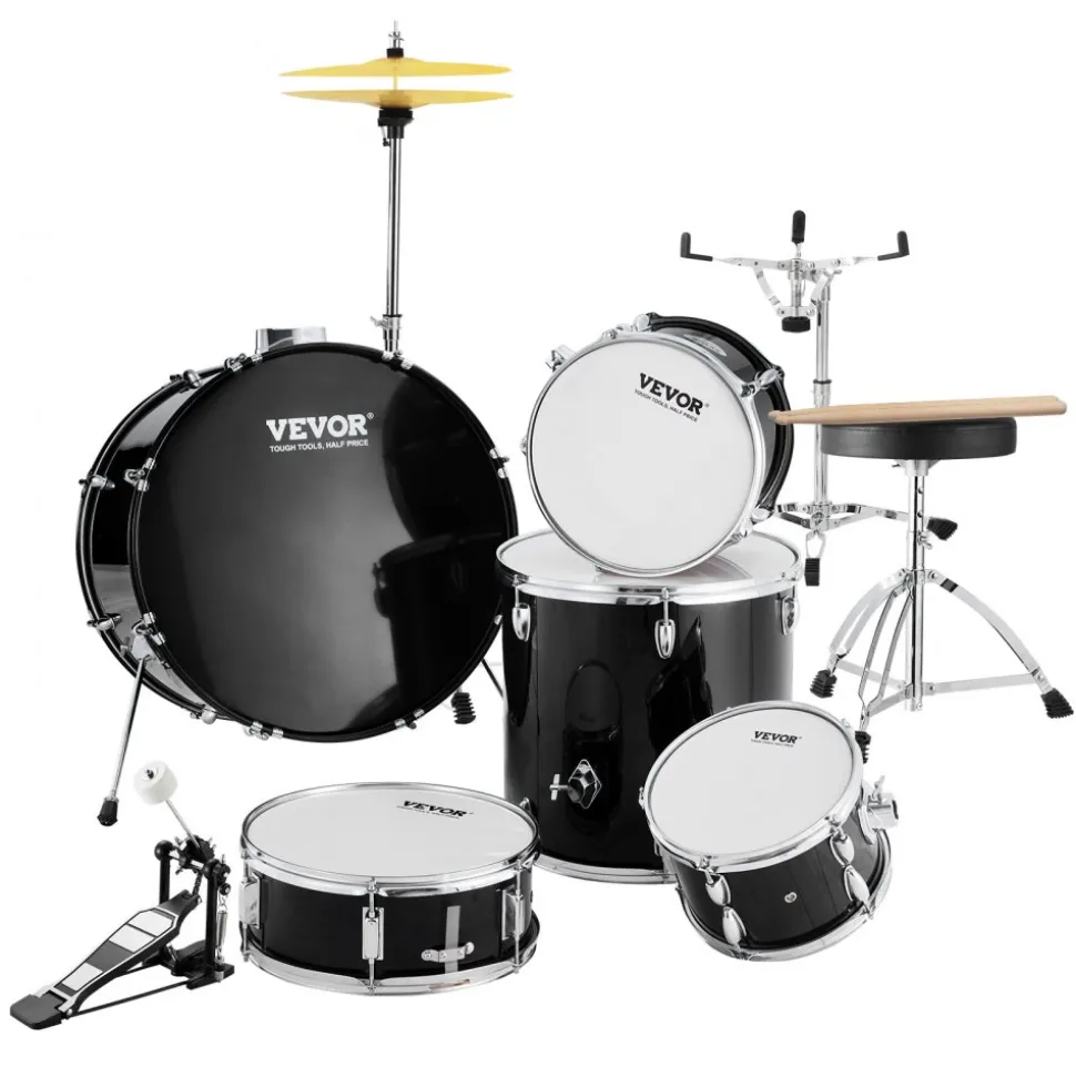 VEVOR Adult Drum Set, 5-Piece, 22 inches Complete Full Size Drum Kit with Bass Toms Snare Floor Drum Adjustable Throne Stands Cymbal Hi-Hat Pedal and Drumsticks, Beginner Drum Kit for Adults, Black