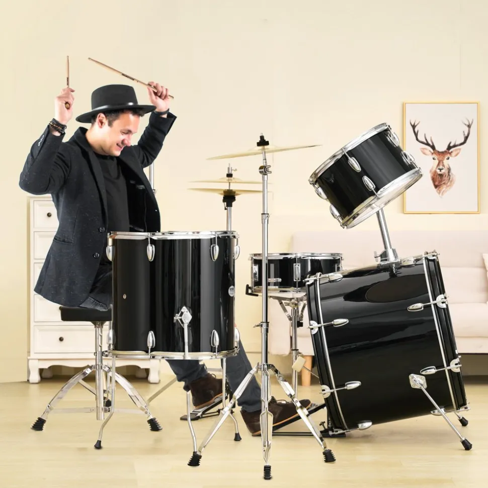 VEVOR Adult Drum Set, 5-Piece, 22 inches Complete Full Size Drum Kit with Bass Toms Snare Floor Drum Adjustable Throne Stands Cymbal Hi-Hat Pedal and Drumsticks, Beginner Drum Kit for Adults, Black