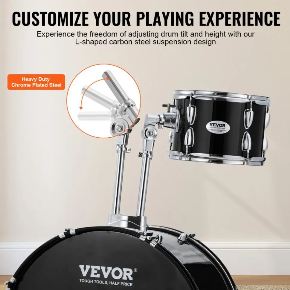 VEVOR Adult Drum Set, 5-Piece, 22 inches Complete Full Size Drum Kit with Bass Toms Snare Floor Drum Adjustable Throne Stands Cymbal Hi-Hat Pedal and Drumsticks, Beginner Drum Kit for Adults, Black