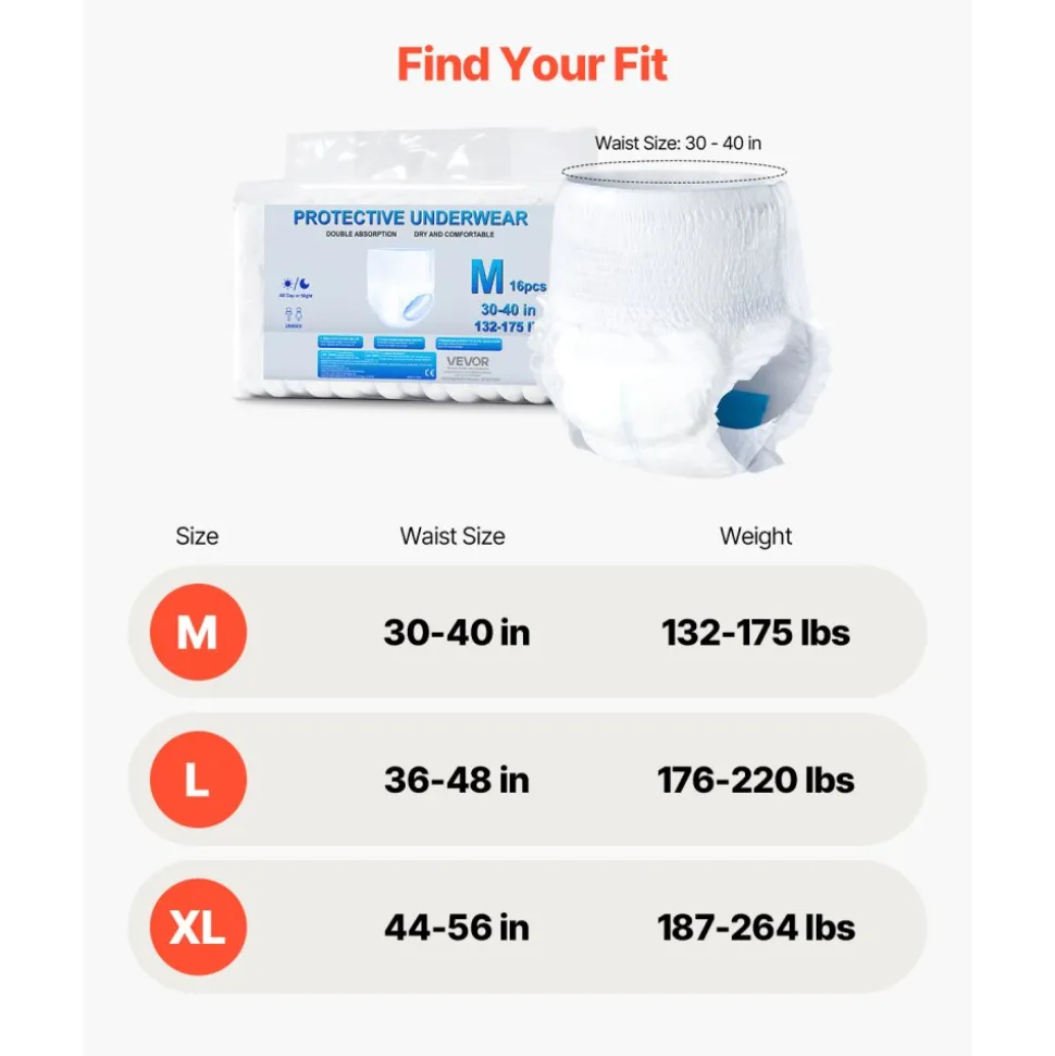 VEVOR Adult Incontinence Underwear, High Absorbent Protective Underwear for Men & Women, Disposable Adult Pull-ups Diapers with Leakproof Leg Cuff & Wetness Indicator - M Size, 64 Count (4 Pack of 16)