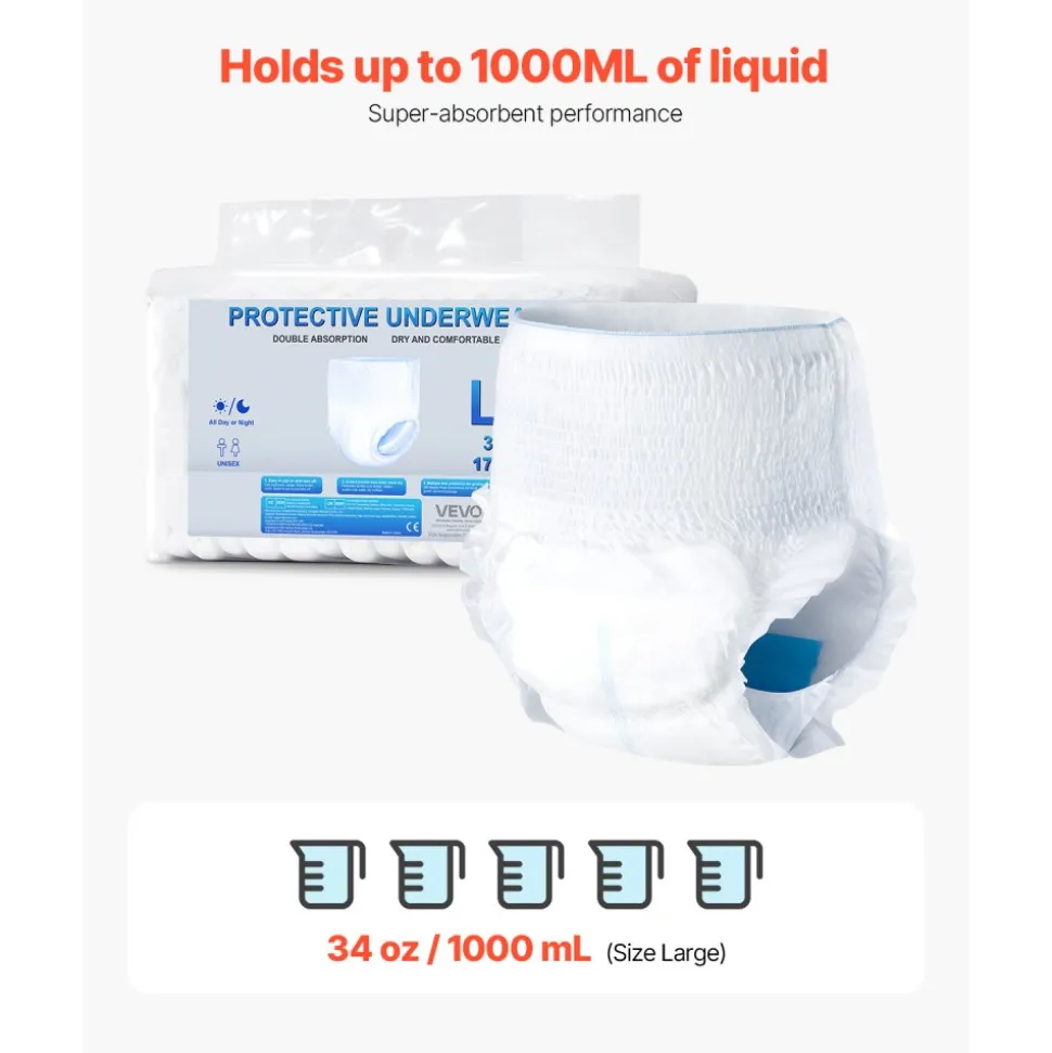 VEVOR Adult Incontinence Underwear, High Absorbent Protective Underwear for Men & Women, Disposable Adult Pull-ups Diaper with Leakproof Leg Cuff & Wetness Indicator - L Size, 64 Count (4 Packs of 16)