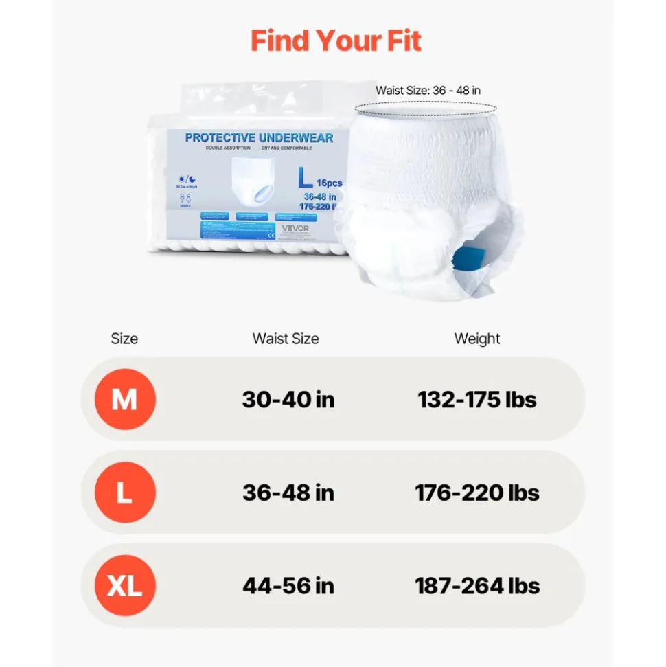 VEVOR Adult Incontinence Underwear, High Absorbent Protective Underwear for Men & Women, Disposable Adult Pull-ups Diaper with Leakproof Leg Cuff & Wetness Indicator - L Size, 64 Count (4 Packs of 16)