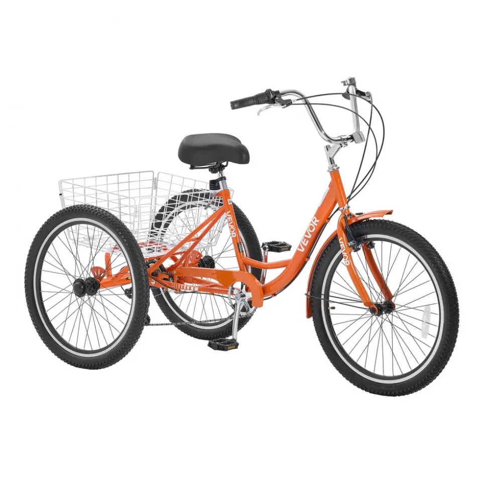 VEVOR Adult Tricycle 24 inch 7 Speed Trikes for Adult 3 Wheel Cruiser Bike, w/ Cargo Basket, Adjustable Seat, and Double-Wall Wheel Rims, Carbon Steel Shopping Tricycles for Women, Men, Senior (Red)