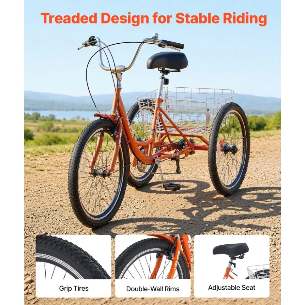 VEVOR Adult Tricycle 24 inch 7 Speed Trikes for Adult 3 Wheel Cruiser Bike, w/ Cargo Basket, Adjustable Seat, and Double-Wall Wheel Rims, Carbon Steel Shopping Tricycles for Women, Men, Senior (Red)