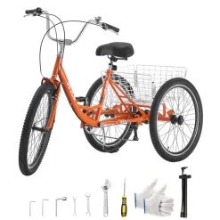 VEVOR Adult Tricycle 24 inch 7 Speed Trikes for Adult 3 Wheel Cruiser Bike, w/ Cargo Basket, Adjustable Seat, and Double-Wall Wheel Rims, Carbon Steel Shopping Tricycles for Women, Men, Senior (Red)