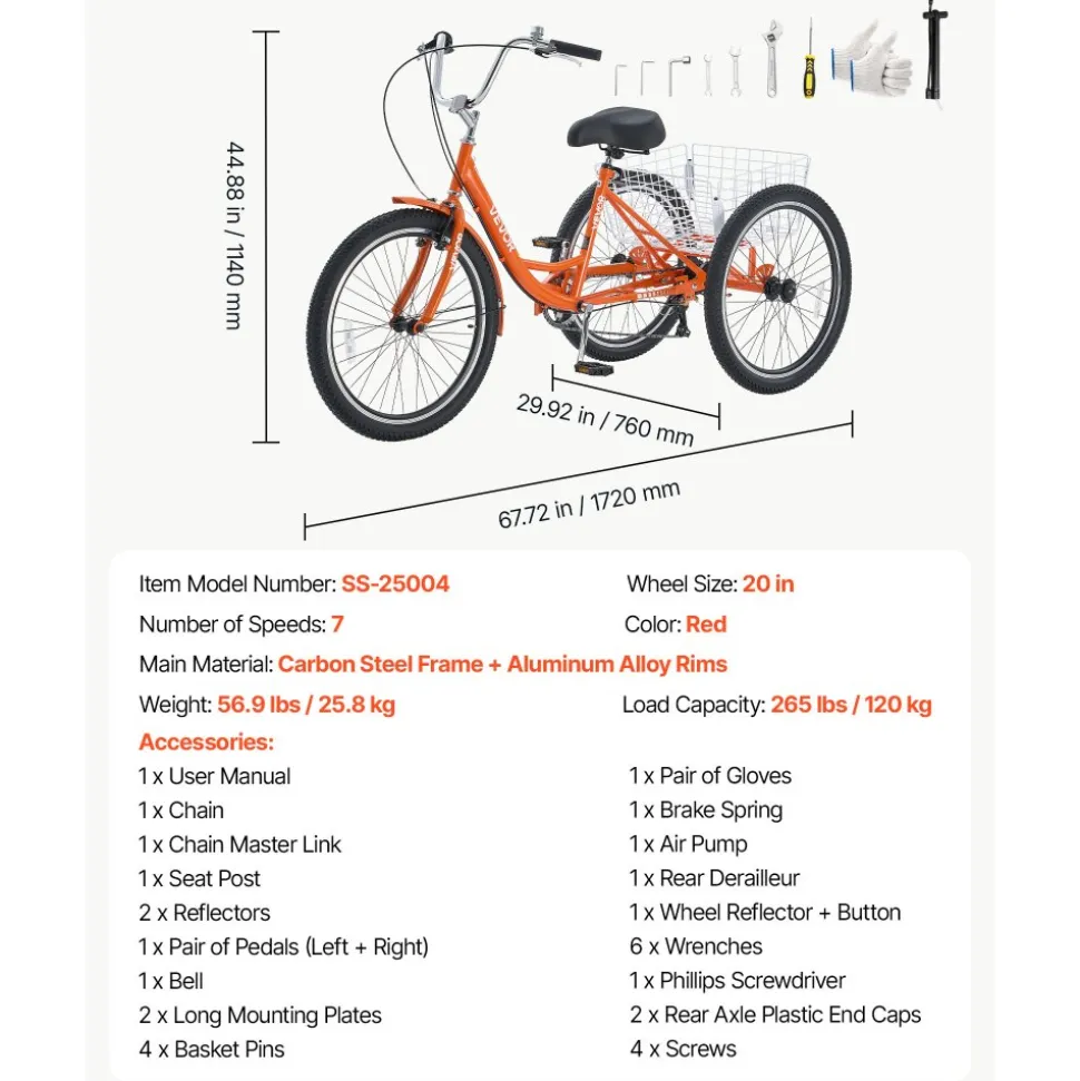 VEVOR Adult Tricycle 24 inch 7 Speed Trikes for Adult 3 Wheel Cruiser Bike, w/ Cargo Basket, Adjustable Seat, and Double-Wall Wheel Rims, Carbon Steel Shopping Tricycles for Women, Men, Senior (Red)