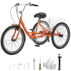 VEVOR Adult Tricycle 24 inch 7 Speed Trikes for Adult 3 Wheel Cruiser Bike, w/ Cargo Basket, Adjustable Seat, and Double-Wall Wheel Rims, Carbon Steel Shopping Tricycles for Women, Men, Senior (Red)