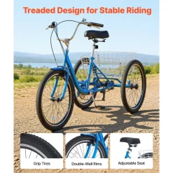 VEVOR Adult Tricycle 24 inch 7 Speed Trikes for Adult 3 Wheel Cruiser Bike, w/ Cargo Basket, Adjustable Seat, and Double-Wall Wheel Rims, Carbon Steel Shopping Tricycles for Women, Men, Senior (Blue)