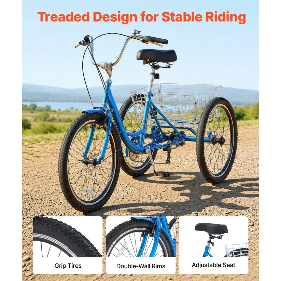 VEVOR Adult Tricycle 24 inch 7 Speed Trikes for Adult 3 Wheel Cruiser Bike, w/ Cargo Basket, Adjustable Seat, and Double-Wall Wheel Rims, Carbon Steel Shopping Tricycles for Women, Men, Senior (Blue)