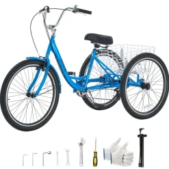 VEVOR Adult Tricycle 24 inch 7 Speed Trikes for Adult 3 Wheel Cruiser Bike, w/ Cargo Basket, Adjustable Seat, and Double-Wall Wheel Rims, Carbon Steel Shopping Tricycles for Women, Men, Senior (Blue)