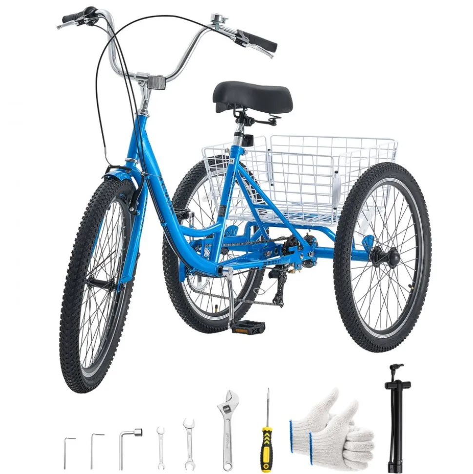 VEVOR Adult Tricycle 24 inch 7 Speed Trikes for Adult 3 Wheel Cruiser Bike, w/ Cargo Basket, Adjustable Seat, and Double-Wall Wheel Rims, Carbon Steel Shopping Tricycles for Women, Men, Senior (Blue)