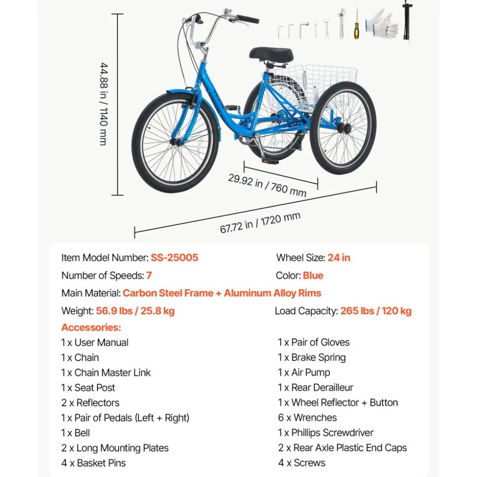 VEVOR Adult Tricycle 24 inch 7 Speed Trikes for Adult 3 Wheel Cruiser Bike, w/ Cargo Basket, Adjustable Seat, and Double-Wall Wheel Rims, Carbon Steel Shopping Tricycles for Women, Men, Senior (Blue)