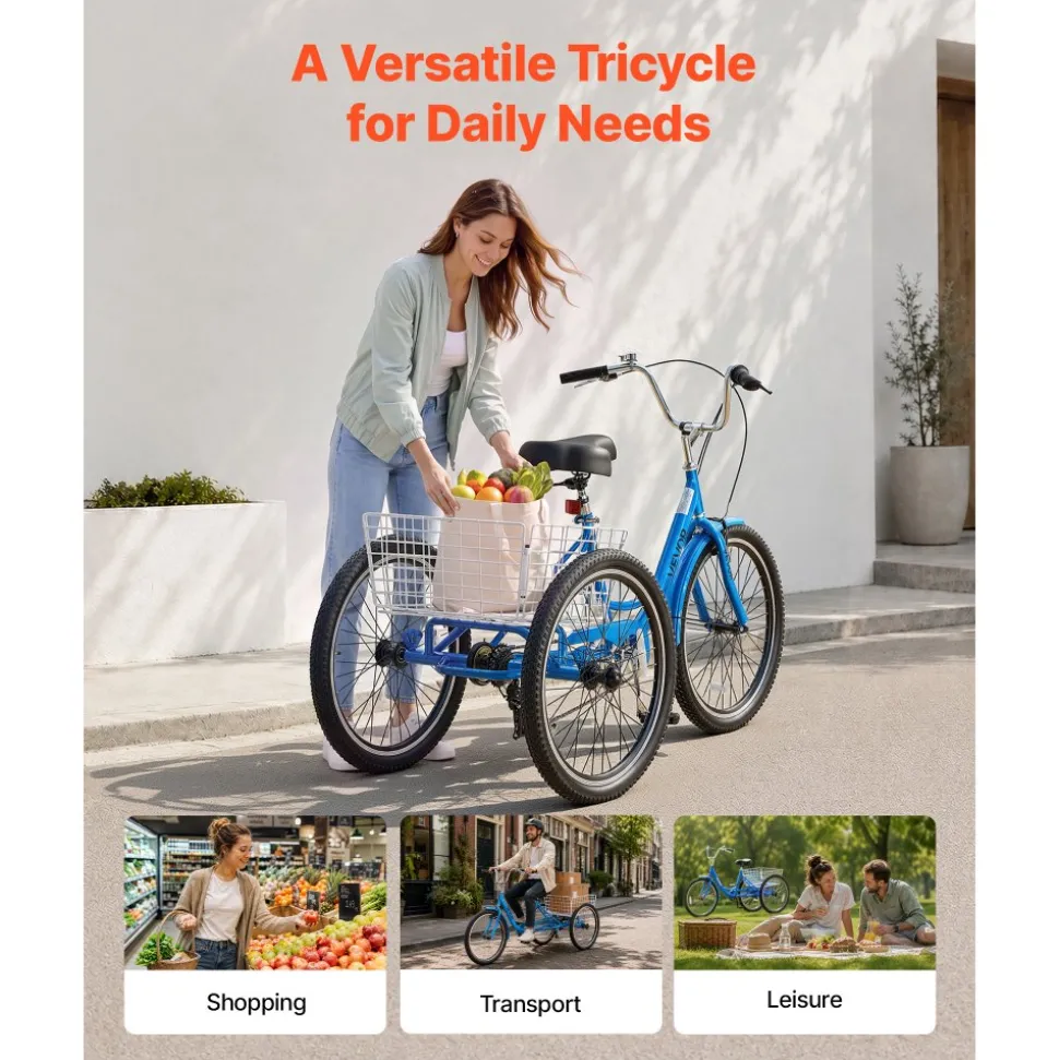 VEVOR Adult Tricycle 24 inch 7 Speed Trikes for Adult 3 Wheel Cruiser Bike, w/ Cargo Basket, Adjustable Seat, and Double-Wall Wheel Rims, Carbon Steel Shopping Tricycles for Women, Men, Senior (Blue)