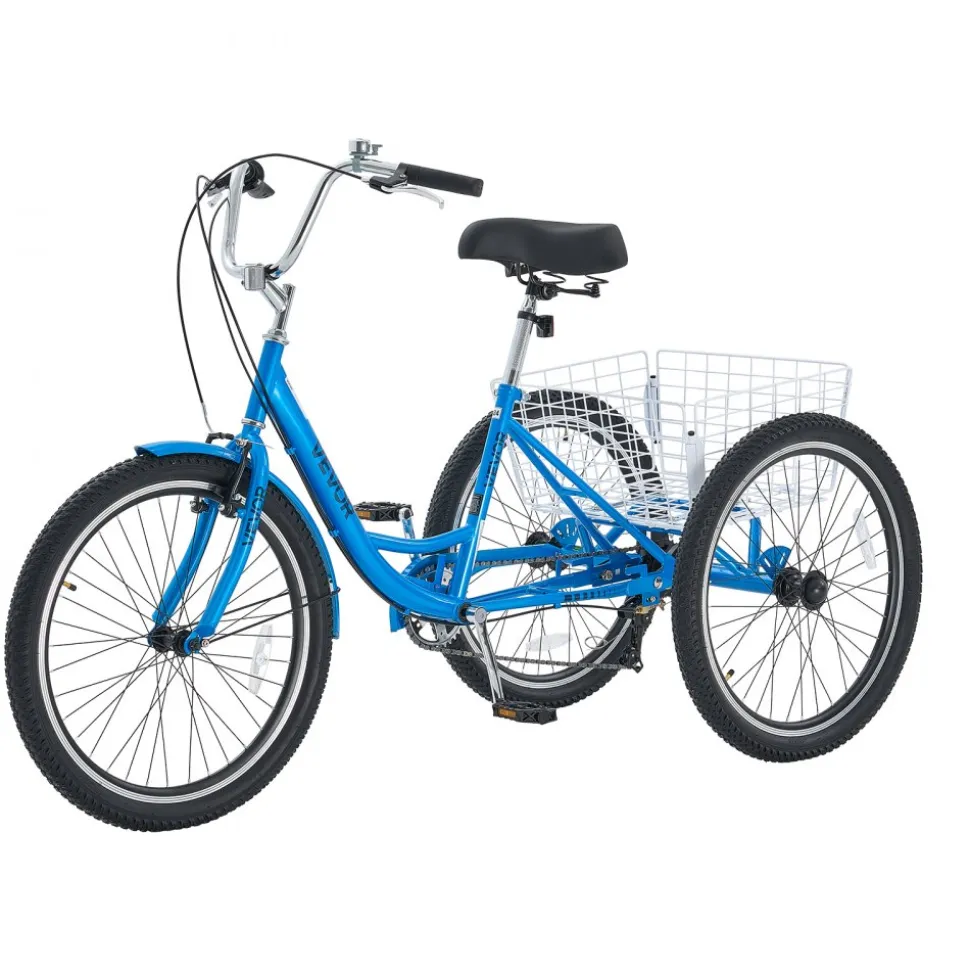 VEVOR Adult Tricycle 24 inch 7 Speed Trikes for Adult 3 Wheel Cruiser Bike, w/ Cargo Basket, Adjustable Seat, and Double-Wall Wheel Rims, Carbon Steel Shopping Tricycles for Women, Men, Senior (Blue)