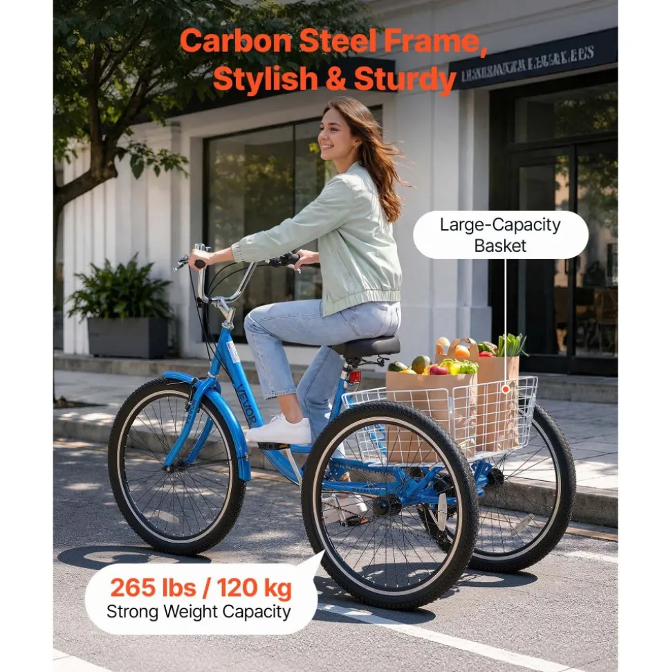 VEVOR Adult Tricycle 26 inch 7 Speed Trikes for Adult 3 Wheel Cruiser Bike, w/ Cargo Basket, Adjustable Seat, and Double-Wall Wheel Rims, Carbon Steel Shopping Tricycles for Women, Men, Senior (Blue)