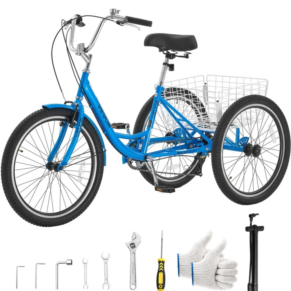 VEVOR Adult Tricycle 26 inch Trike for Adult 3 Wheel Cruiser Bike, with Cargo Basket, Adjustable Seat, and Double-Wall Wheel Rims, Carbon Steel Shopping Picnic Tricycles for Women, Men, Seniors