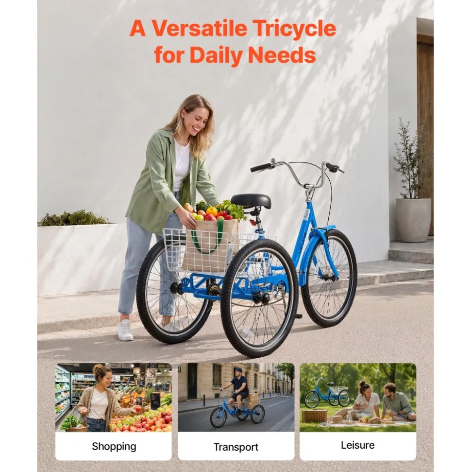 VEVOR Adult Tricycle 26 inch Trike for Adult 3 Wheel Cruiser Bike, with Cargo Basket, Adjustable Seat, and Double-Wall Wheel Rims, Carbon Steel Shopping Picnic Tricycles for Women, Men, Seniors