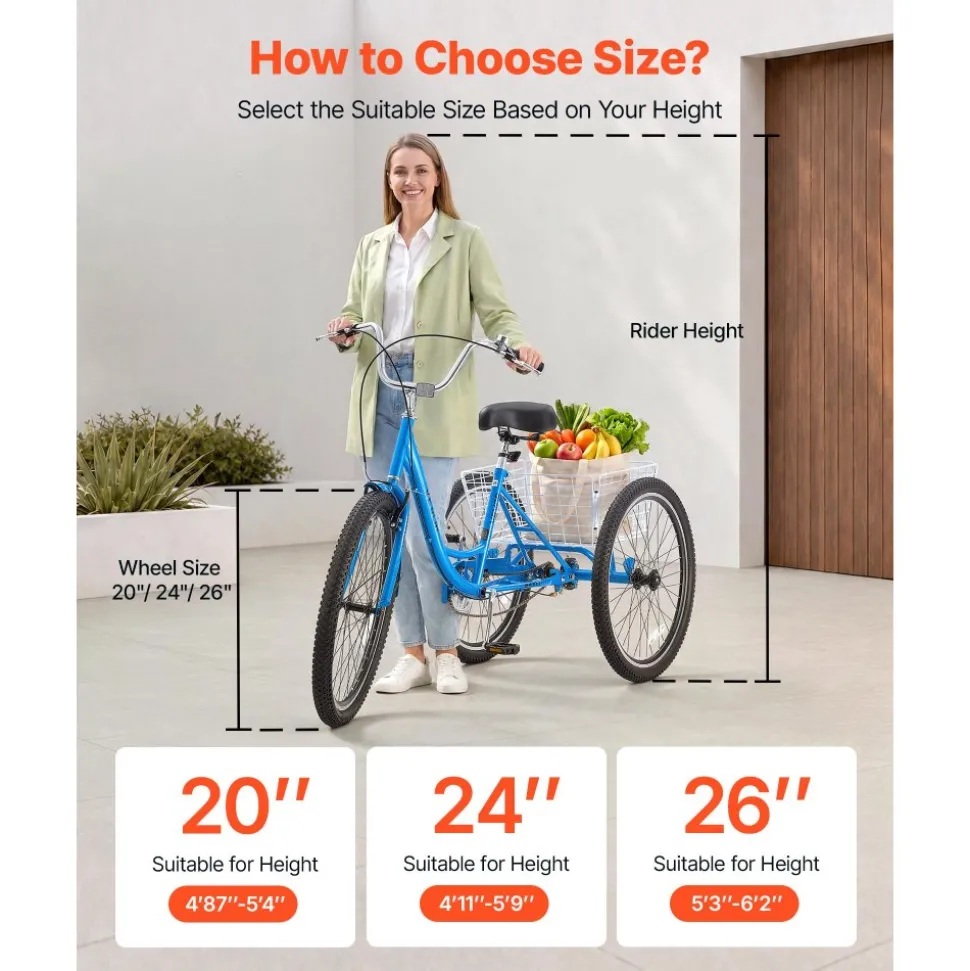 VEVOR Adult Tricycle 26 inch Trike for Adult 3 Wheel Cruiser Bike, with Cargo Basket, Adjustable Seat, and Double-Wall Wheel Rims, Carbon Steel Shopping Picnic Tricycles for Women, Men, Seniors