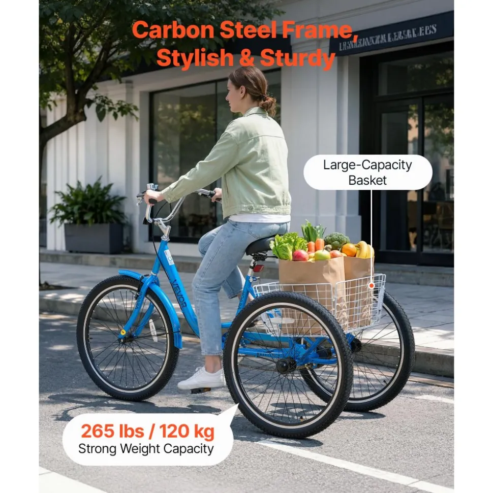 VEVOR Adult Tricycle 26 inch Trike for Adult 3 Wheel Cruiser Bike, with Cargo Basket, Adjustable Seat, and Double-Wall Wheel Rims, Carbon Steel Shopping Picnic Tricycles for Women, Men, Seniors