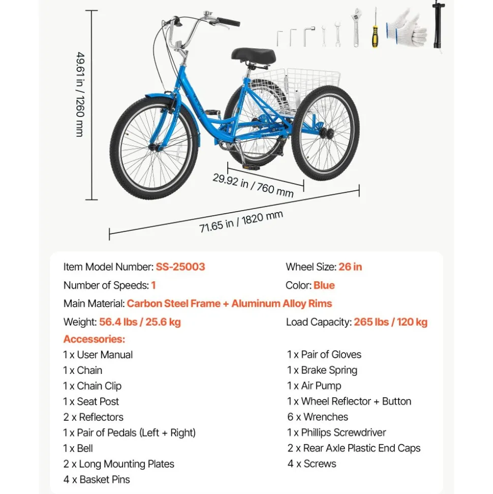 VEVOR Adult Tricycle 26 inch Trike for Adult 3 Wheel Cruiser Bike, with Cargo Basket, Adjustable Seat, and Double-Wall Wheel Rims, Carbon Steel Shopping Picnic Tricycles for Women, Men, Seniors